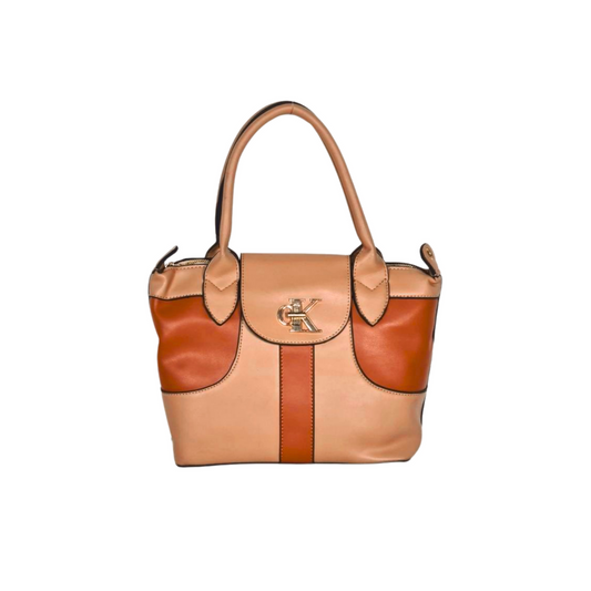 Two-Tone Flap-Over Satchel with Monogram Clasp