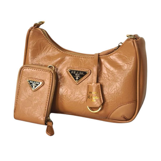 Tan Crinkled Shoulder Bag with Detachable Pouch