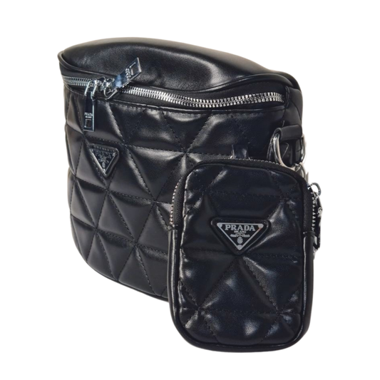 Black Quilted Shoulder Bag with Chain and Detachable Pouch