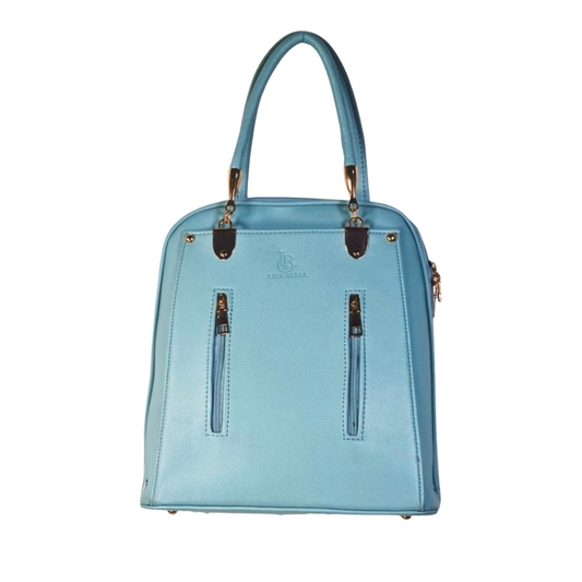 Sky Blue Tote Bag with Gold Hardware and Front Zip Pockets
