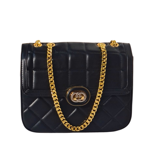Black Quilted Flap Bag with Gold Chain