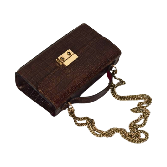 Black Croc-Textured Chain Shoulder Bag with Gold Lock